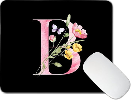 Mouse Pad Pinks Flowers Initial Letters Mousepad Desktop Laptop Computer Accessories Home Office Gaming Work Desk Computer Non-Slip Rubber Monogram Floral Alphabet A-Z mousepad (B)