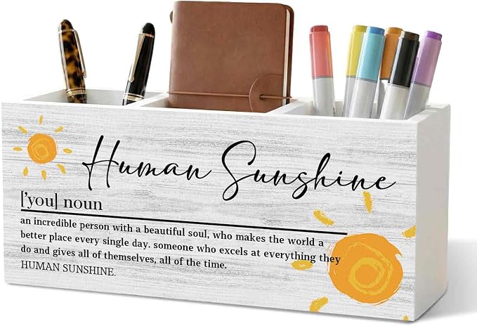 Human Sunshine Inspirational Pencil Pen Holder for Desk Organizer, Human Sunshine Gifts, Encouragement Gifts, Motivational Wooden Box Decorations for Home Office Bedroom Desk Tabletop Decor