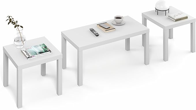 Furinno Classic Living Room Table Set of 3, Modern 1.8 Inch Thick Tabletop Rectangle Coffee Table with 2 Side Tables, End Tables, for Living Room, Home Office, White