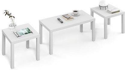 Furinno Classic Living Room Table Set of 3, Modern 1.8 Inch Thick Tabletop Rectangle Coffee Table with 2 Side Tables, End Tables, for Living Room, Home Office, White