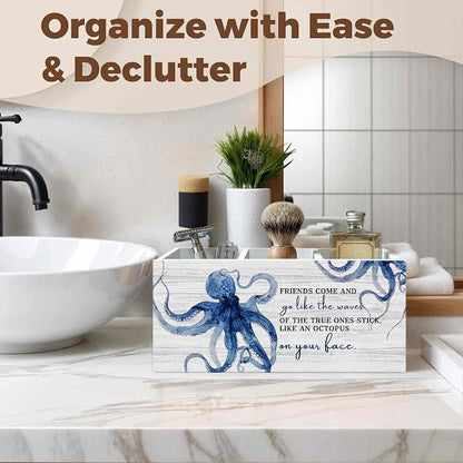 Friends Gifts Pencil Pen Holder for Desk Organizer, Friendship Gifts for Women Men, Coastal Beach Octopus Wooden Box Decorations for Home Office Bedroom Desk Tabletop Decor