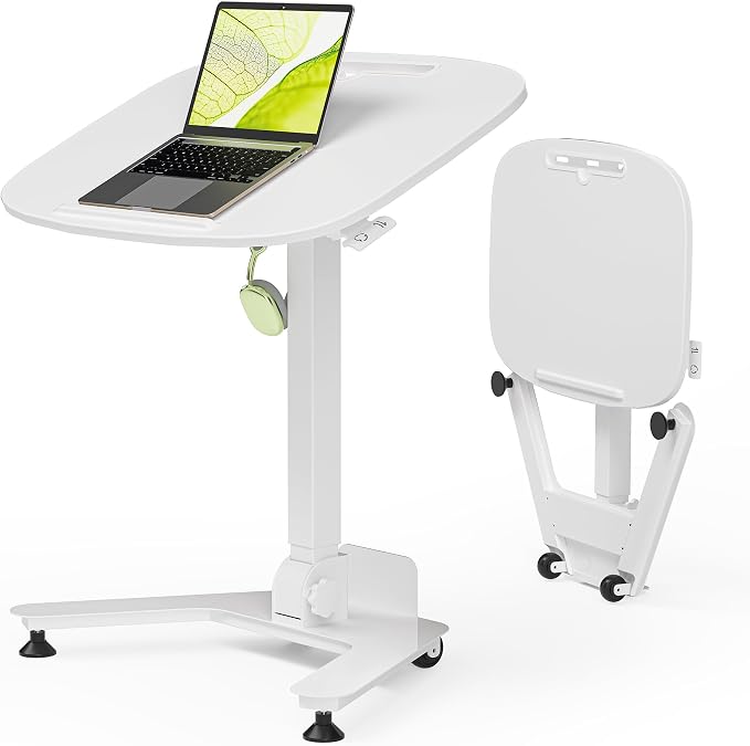 WALKINGDESK Foldable Pneumatic Height Adjustable Mobile Standing Desk with 90° Tiltable Tabletop, 27.2x18.9 Inch Portable Laptop Desk with Wheels, Holds Up to 66.1lbs for Home Office, Study, White