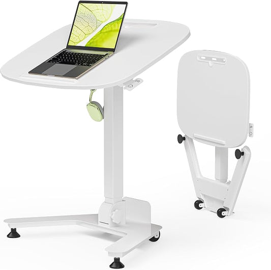 WALKINGDESK Foldable Pneumatic Height Adjustable Mobile Standing Desk with 90° Tiltable Tabletop, 27.2x18.9 Inch Portable Laptop Desk with Wheels, Holds Up to 66.1lbs for Home Office, Study, White