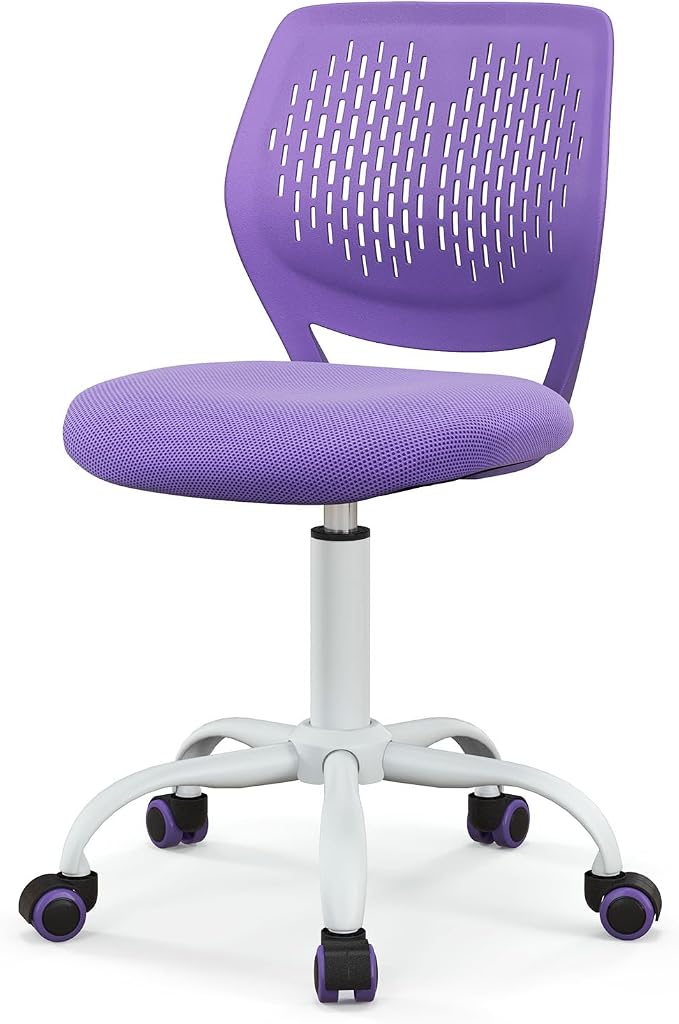 POWERSTONE Small Home Office Desk Chair, Swivel Rolling Study Computer Chair, Adjustable Height Task Chair with Armless Mid Back, Upholstered Mesh Seat, Purple