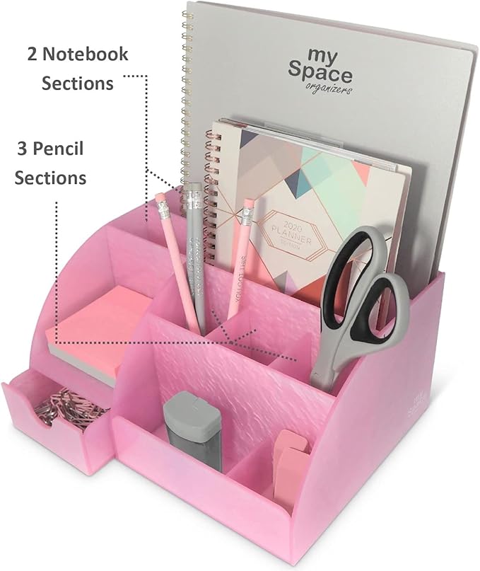 My Space Organizers Pink Desk Organizer Office, Acrylic, with Drawer, 9 Compartments, Supplies and Cool Desk Accessories Organizer, Desktop Pen Holder (Pink)