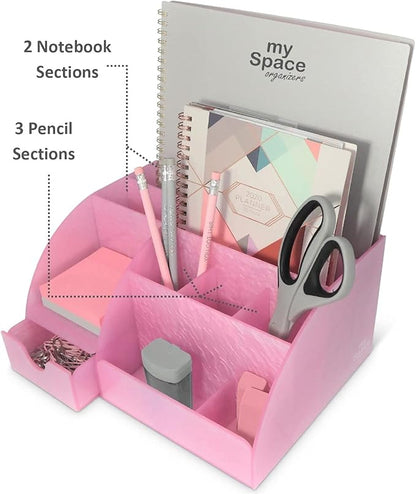 My Space Organizers Pink Desk Organizer Office, Acrylic, with Drawer, 9 Compartments, Supplies and Cool Desk Accessories Organizer, Desktop Pen Holder (Pink)