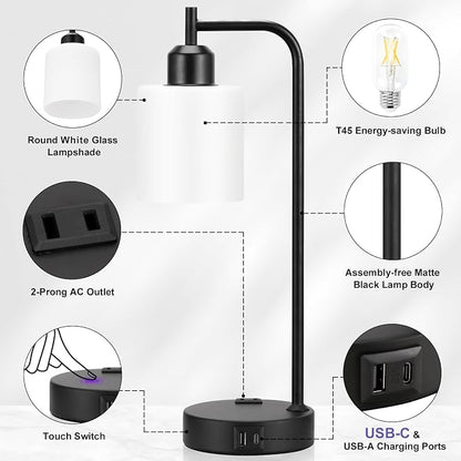 Industrial Touch Bedside Lamps for Bedrooms Set of 2 - 3-Way Dimmable Nightstand Lamps with USB C+A Ports and Outlet, Table Lamps with Opal Glass Shade for Living Room, Desk Lamps for Home Office