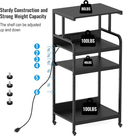 Black 4 Tier Adjustable Shelf Mobile Printer Stand Rolling Storage Cart | Space saving design fits small home office spaces supports scanner cricut heat press fax machine and other office equipment
