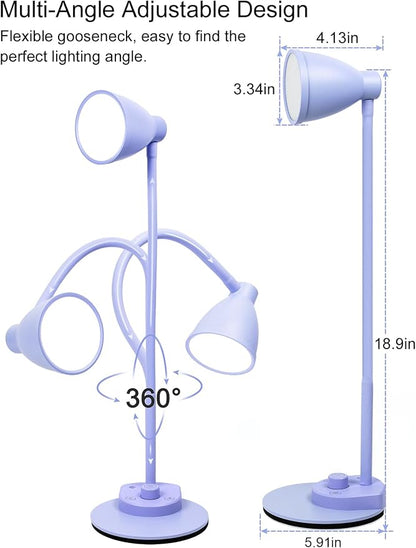 BOHON LED Desk Lamp with USB Charging Port, 3 Color Modes Dim, Lilac Purple | Reading Lamp, Auto Dimming Task Lamp, Flexible Neck Table Light for Office Dorm Bedside, Adapter Include