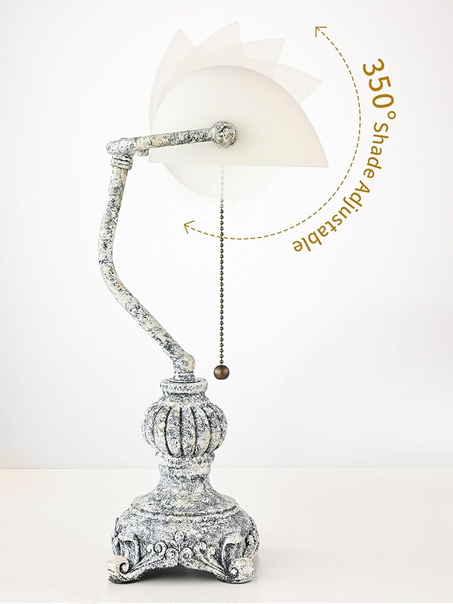 Retro White Matted Glass Bankers Desk Lamp,LED Bulb Included | for Home Office,Library with Pull Chain Switch Plug in Fixture