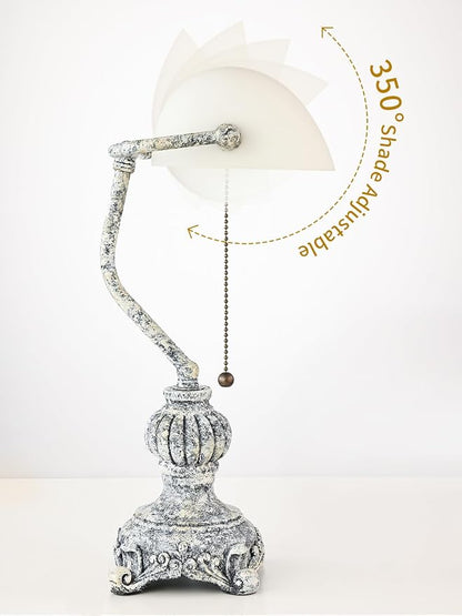 Retro White Matted Glass Bankers Desk Lamp,LED Bulb Included | for Home Office,Library with Pull Chain Switch Plug in Fixture