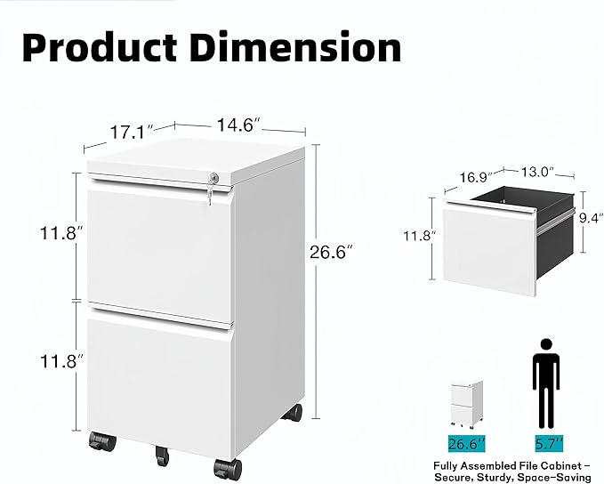 Approgreent 2 Drawer Metal File Cabinet, Fully Assembled Locking Filing Cabinet with Anti-Tipping Wheels, Quiet Slide, Heavy-Duty Steel Construction, Fits A4 Letter Legal for Home Office, Matte White