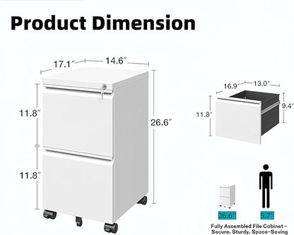 Approgreent 2 Drawer Metal File Cabinet, Fully Assembled Locking Filing Cabinet with Anti-Tipping Wheels, Quiet Slide, Heavy-Duty Steel Construction, Fits A4 Letter Legal for Home Office, Matte White