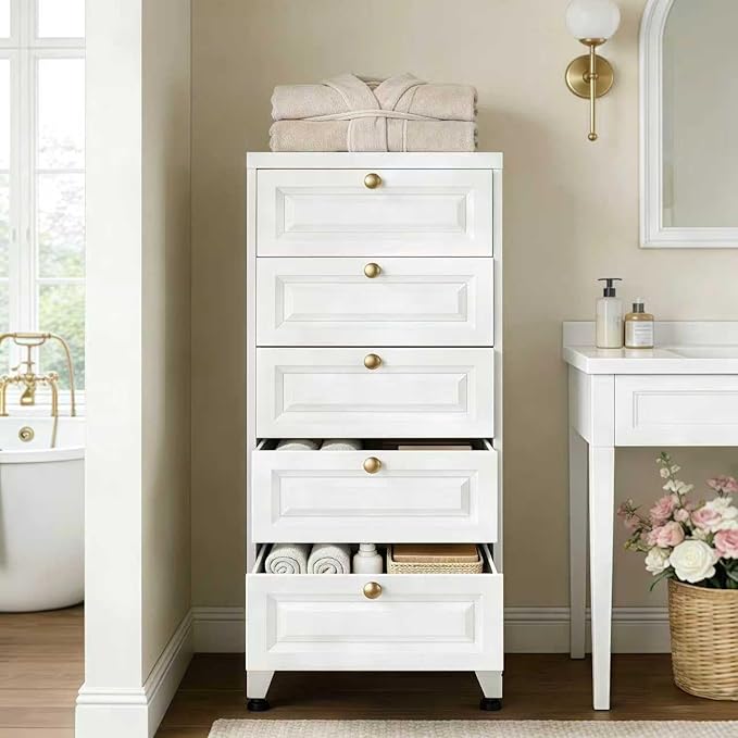 Metal Bathroom Storage Cabinet with 5 Drawers, Freestanding Bathroom Floor Cabinet for Home, Living Room, Assembly Required, White, 39.4" H x 16.6" W x 15.8" D