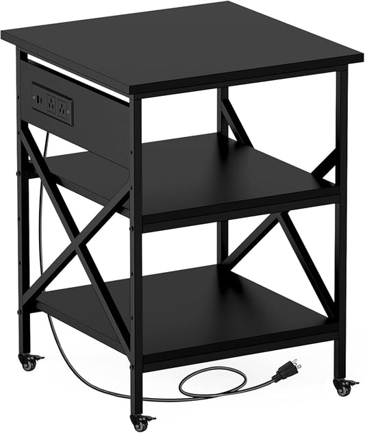 Black 3 Tier Mobile Printer Stand Large Rolling Storage Cart | Built in power outlet ample storage space locking casters overall size 23.6 x 23.6 x 30 inches for home office organization