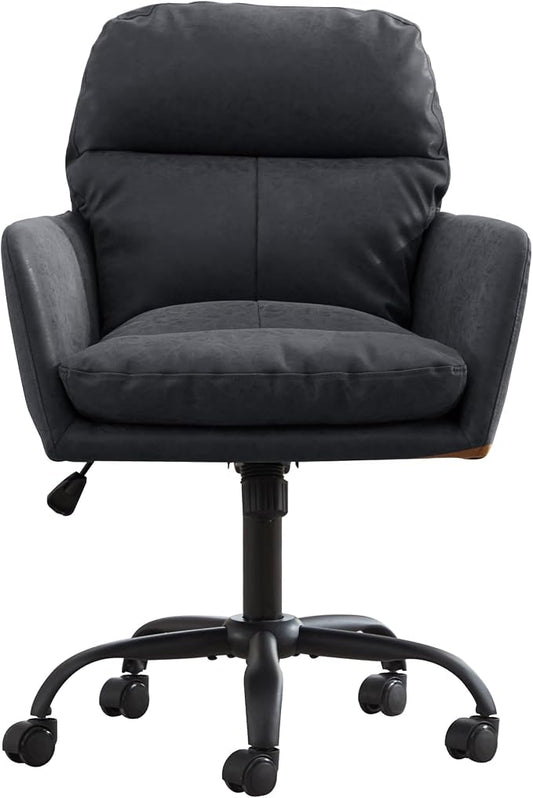 YITAI Adjustable Home Office Desk Chair with Comfy Square Mid-Back, Faux Leather 360 Swivel Upholstered Task Armchair with Wheels for Vanity Bedroom/Living Room,Study Black
