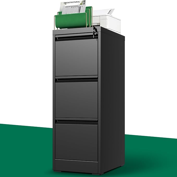 3 Drawer File Cabinet with Lock, Vertical File Cabinet with Lock, Locking File Cabinet Hanging Files for A4/ Legal/Letter, Require Assembly, Black