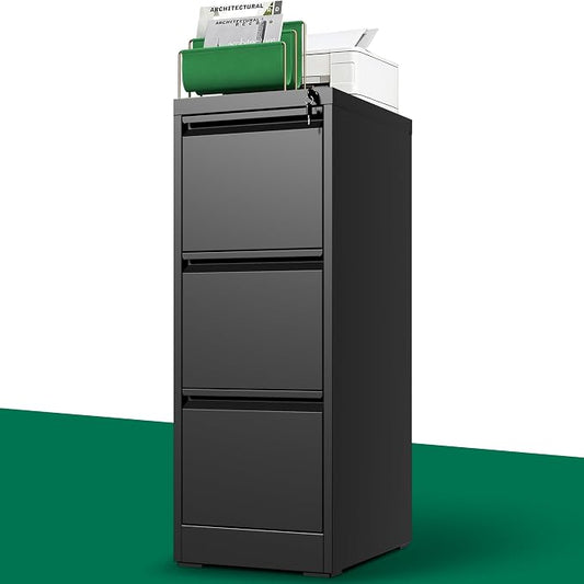 3 Drawer File Cabinet with Lock, Vertical File Cabinet with Lock, Locking File Cabinet Hanging Files for A4/ Legal/Letter, Require Assembly, Black