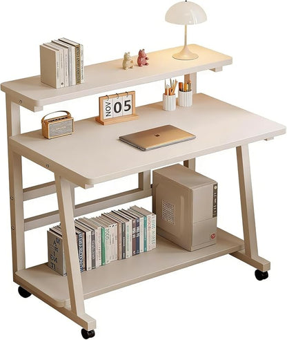 47.2 Inch Rolling Computer Desk for Small Spaces, Monitor Stand & 3-Tier Storage with Lockable Wheels, Easy Assembly for Bedroom, Dorm & Apartment