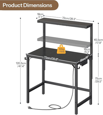 HOOBRO Small Computer Desk, 28.3" Desk for Small Spaces, Home Office Desk with Power Outlet & Adjustable Monitor Stand, Compact Desk with Storage, Writing Table for Bedroom, Office, Black BB38UDN01
