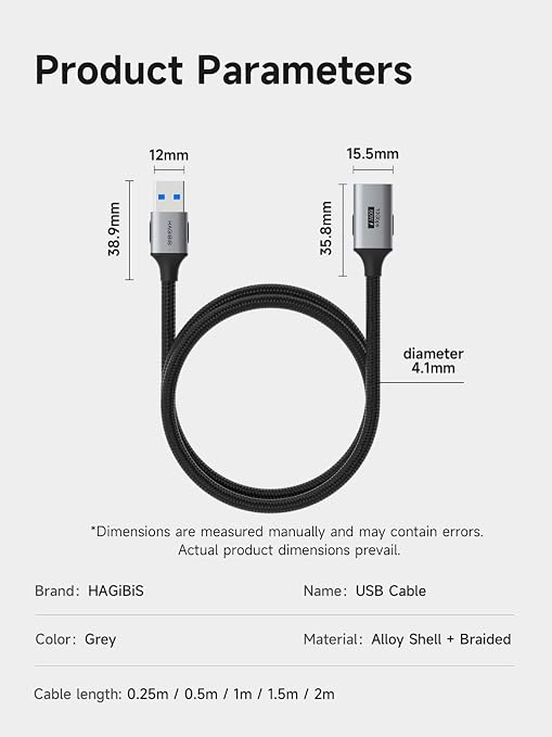 Hagibis USB Extension Cable, USB Extender, Braided 10Gbps USB 3.2 Type A Male to Female Cord Compatible with Webcam, Keyboard, Mouse, PlayStation, Xbox, Flash Drive, Printer, Camera (1.6FT)