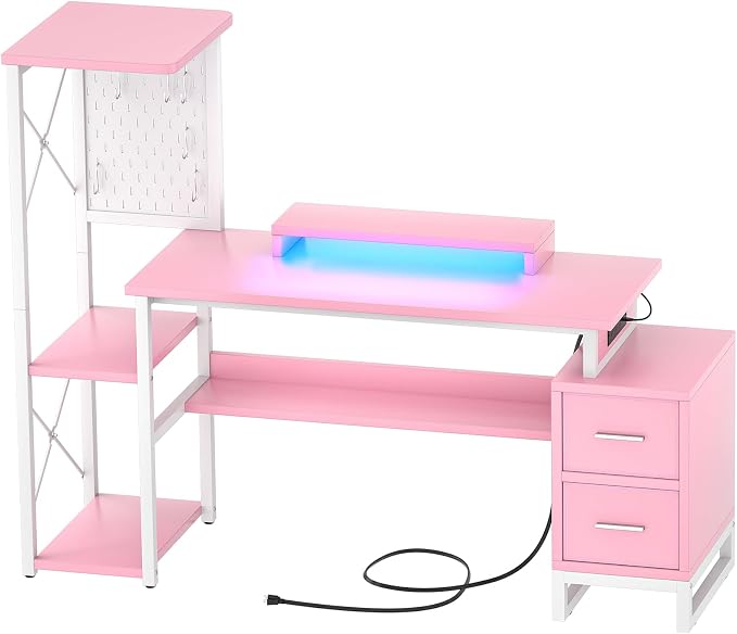 Computer Desk with 2 Fabric Drawers - Reversible Home Office Desk with Power Outlet & LED Lights, 53" Writing Desk with Monitor Stand & Storage Shelves, Gaming Desk Study Table with Pegboard, Pink