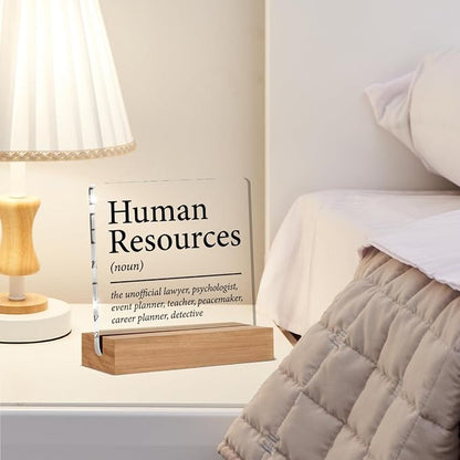 HR Gifts for Men Women HR Appreciation Gifts for Manager Director Human Resources Clear Desk Decorative Sign Acrylic Sign With Wooden Stand for Desk Table Shelf