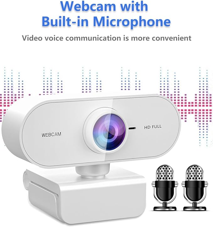 Webcam 1080P HD Web cam for PC with Microphone,Noise Cancellation,Wide-Angle Lens,Auto Light Correction,Plug & Play USB Webcams for Laptop,Desktop,PC,Mac,Zoom,Skype White