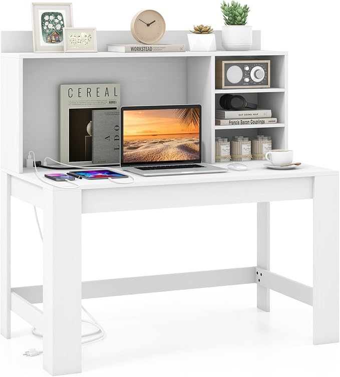 GOFLAME Computer Desk with Hutch, Home Office Desk with 2 Power Outlets, USB & Type-c Charging Ports, 3 Storage Shelves, Cable Hole, Writing Desk, Modern White Laptop PC Desk for Study, Office