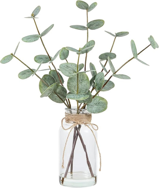 Coferset Artificial Eucalyptus Stems in Glass Vase with Faux Water, 15" Eucalyptus Fake Plants with Double-Sided Green Leaves for Home, Bathroom, Office, Farmhouse, Shelf Coffee Table Decor