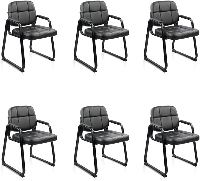 CLATINA Waiting Room Chairs no Wheels with Padded Arms Leather Guest Chair for Office Reception and Conference Desk with Sled Base Black, 6PK