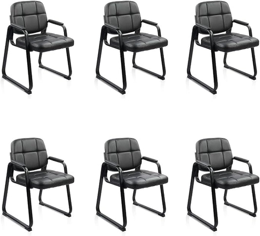 CLATINA Waiting Room Chairs no Wheels with Padded Arms Leather Guest Chair for Office Reception and Conference Desk with Sled Base Black, 6PK