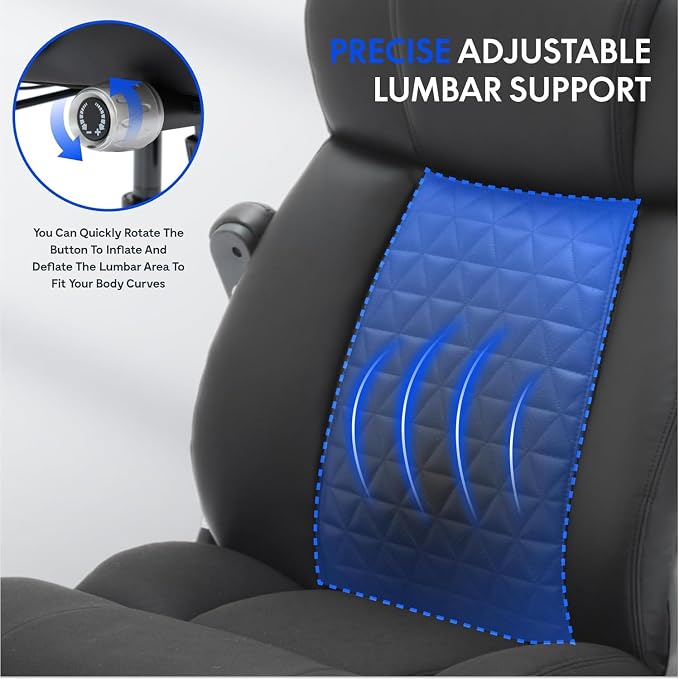600lbs Big and Tall Office Chair with Flip Arms, Wide Plus Size Chair with Adjustable Lumbar Support for Heavy People, Ergonomic Chair with Breathable Leather, Quiet Rubber Wheels, Black