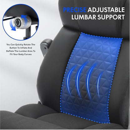 600lbs Big and Tall Office Chair with Flip Arms, Wide Plus Size Chair with Adjustable Lumbar Support for Heavy People, Ergonomic Chair with Breathable Leather, Quiet Rubber Wheels, Black