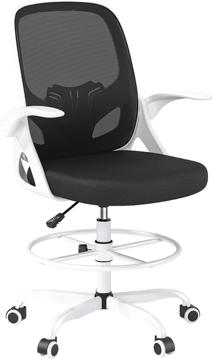 Kensaker Drafting Chair Tall Office Chair, Ergonomic Standing Desk Chair with Adjustable Foot Ring and Flip-up Armrests, Mesh Computer Chair for Art Studio, 300 LBS, White