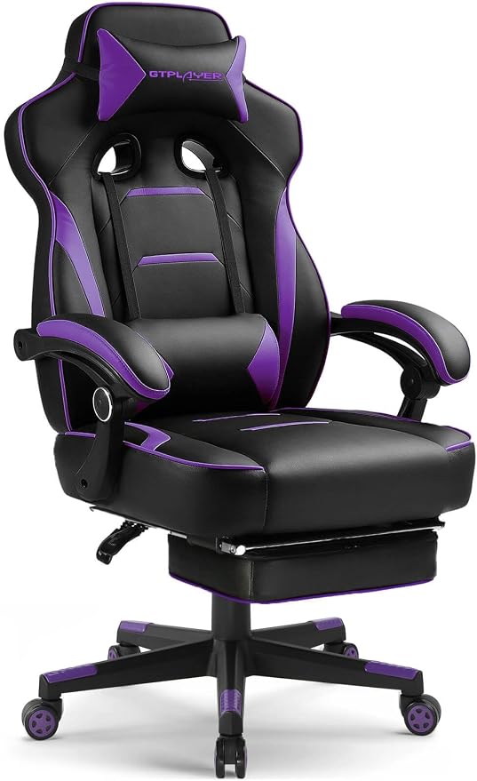 GTPLAYER Gaming Chair with Footrest, Big and Tall Game Chair 350lb Racing Style Computer Chair, Ergonomic Executive Office Chair High Back with Lumbar Support and Recliner, Purple