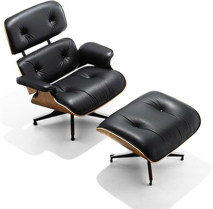 Mid Century Chaise Lounge Chair with Ottoman, Genuine Leather Reading Chair, Modern Chair Classic Design, Heavy Duty Base Support for Living Room Study Lounge Office,Tall Premium, Walnut Black