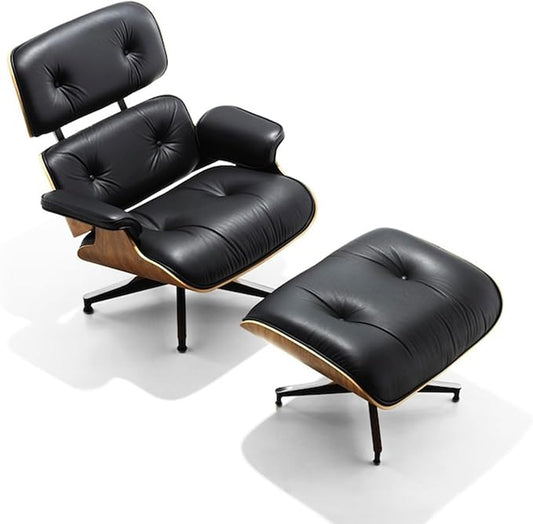 Mid Century Chaise Lounge Chair with Ottoman, Genuine Leather Reading Chair, Modern Chair Classic Design, Heavy Duty Base Support for Living Room Study Lounge Office,Tall Premium, Walnut Black