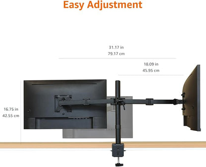 Amazon Basics Adjustable Dual Monitor Desk Mount, Supports up to 32 inch Monitors and 22 lbs per Arm, Adjustable Tension, VESA 75x75/100x100, Black