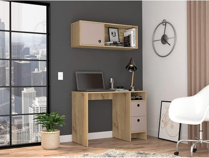 Aramis Office Set with 2 Shelves, 2 Drawers, Wall Cabinet, Single Door Cabinet, and Metal Hardware, Light Oak/Taupe – Complete Home Office Furniture Set