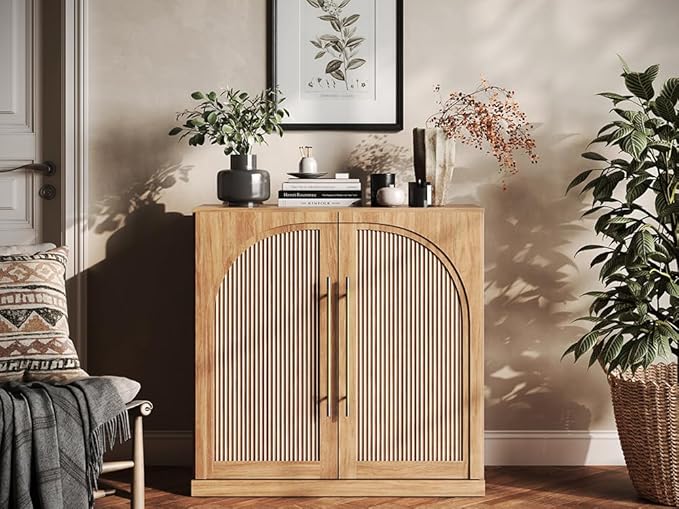 BELLEZE 32.5" Accent Cabinet with Adjustable Shelves, Kitchen Storage Cabinet with Fluted Arched Design,Modern Credenza with Gold Handles for Entryway,Living Room,Dining Room - Camel