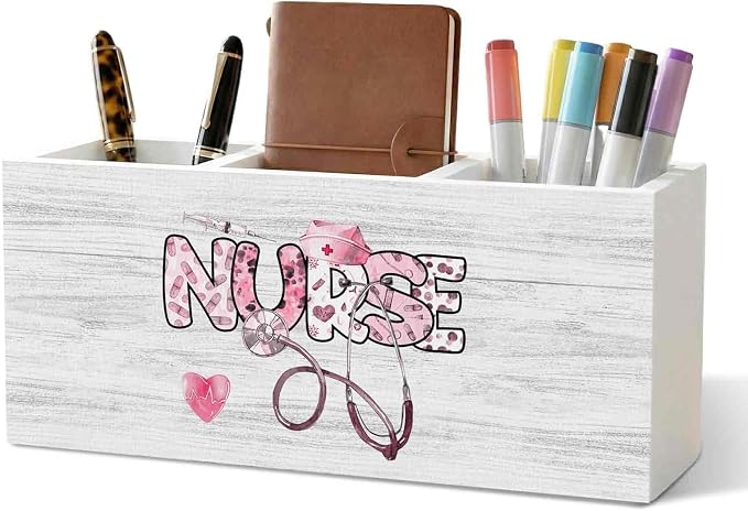 Pink Nurse Office Pencil Pen Holder for Desk Organizer, Nursing Week Gifts, Nurse Appreciation Gifts, Gift for Nurses Female Women Wooden Box Decorations for Office Desk Tabletop Decor