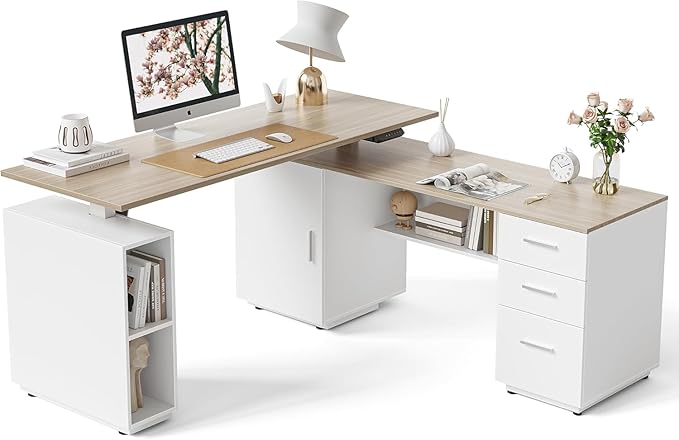 FEZIBO L Shaped Standing Desk, 63 inch Executive Standing Desk, Adjustable Height Desk with Storage Drawers for Home Office, Light Wood Grainy