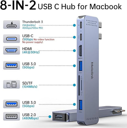 USB C Hub Adapter for MacBook Pro/Air M5 M4 M3 M2 M1 2025-2018 13" 15" 16", Mac Multiport Adapter, 8 in 2 MacBook Accessories Dongle with HDMI 4K, Thunderbolt 3, USB C&A Data Ports, SD TF Card Reader