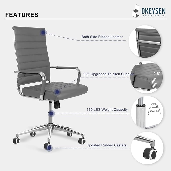 Okeysen Ergonomic Office Desk Chair, Modern PU Leather Conference Room Table Chairs Ribbed, High Back Executive Swivel Rolling Chair for Home, Office (Grey-Ribbed)