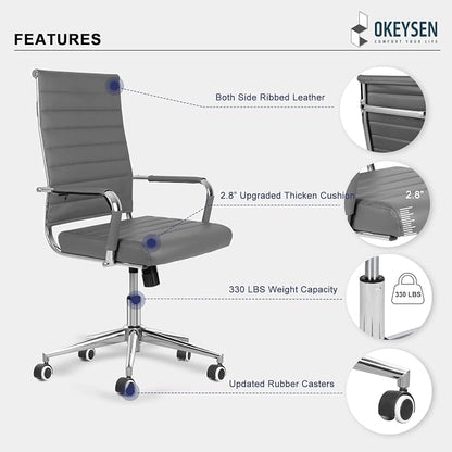 Okeysen Ergonomic Office Desk Chair, Modern PU Leather Conference Room Table Chairs Ribbed, High Back Executive Swivel Rolling Chair for Home, Office (Grey-Ribbed)
