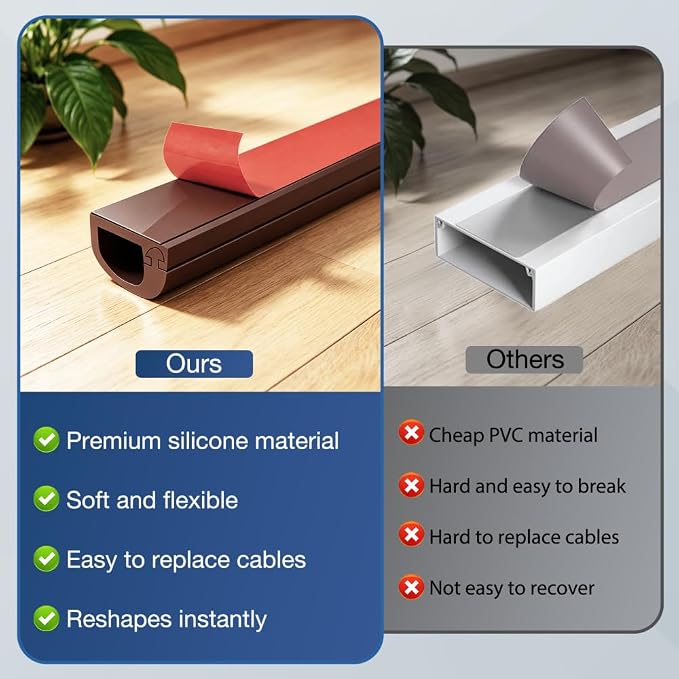 Silicone Cord Covers Wall Self-Adhesive Cord Covers for Wires on Wall Wire Hider Flexible Cable Hider with Side-Opening for Home Office TV Cable Management (0.31" W x 0.31" H x 39" L, Brown)