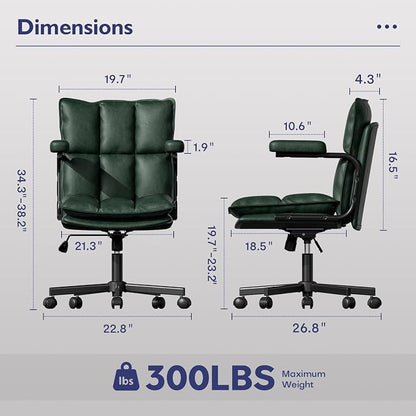Ollega Mid Century Modern Desk Chair, Vintage Leather Office Chair, Green | Petite Computer Chair for Small to Medium Women, Thickened Back, Cozy Seat, Adjustable Height for Home