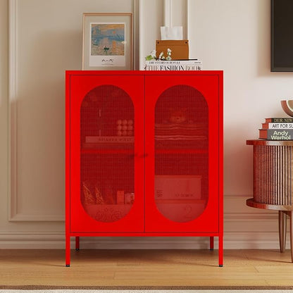 2 Mesh Door Accent Storage Cabinet for Home, Living Room, Office Room,Kitchen-Metal Locker Cabinet with 1 Adjustable Shelves-2-Tier (Small Mesh Door, red)