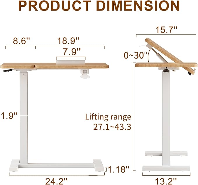 Solid Wood Overbed Bedside Table with Wheels, Tilting Adjustable Hospital Bed Table Over The Bed, Medical Mobile Laptop Stand, Rolling Standing Desk for Hospital and Home Use(Natural)